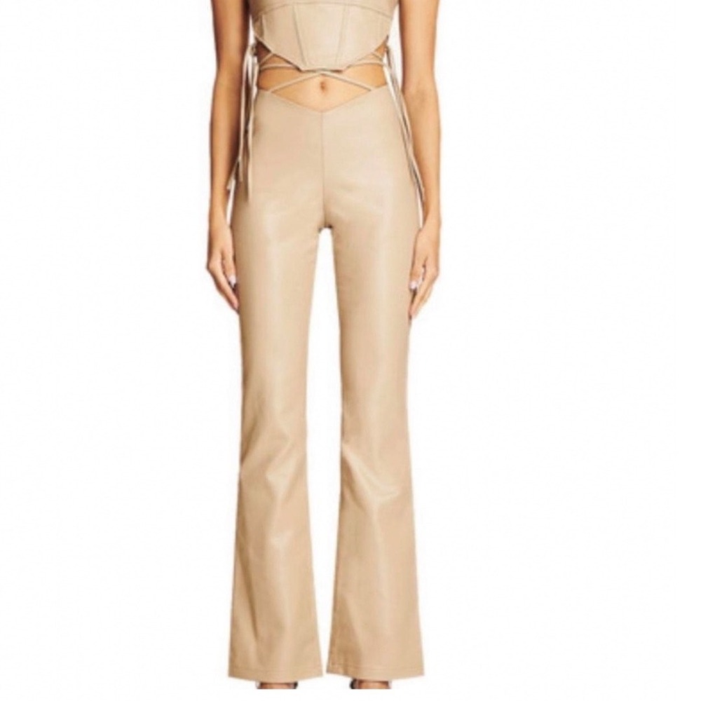 I.AM.GIA Zoe Faux Leather V Front‎ Tie Up Pants Tan Beige Small Flare Leg